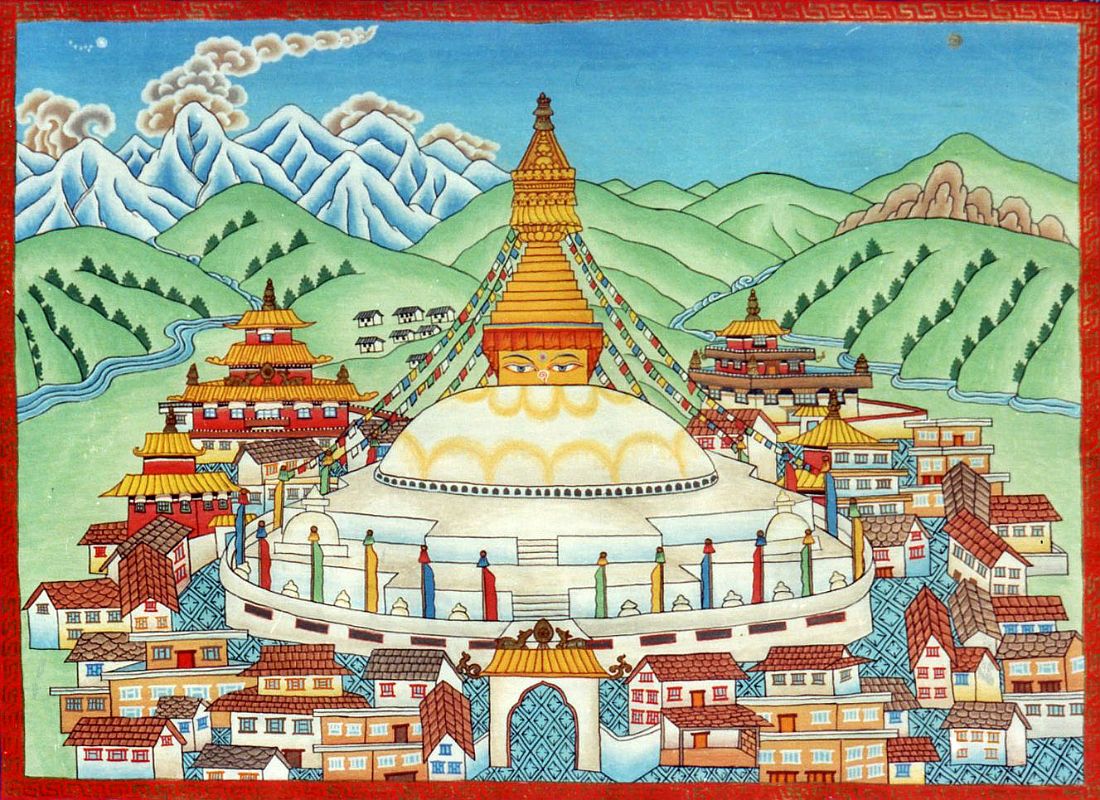 Kathmandu Boudhanath 00 Boudhanath Painting By Thubten Yeshe Sherpa, Namche Bazaar I bought a small postcard at Thame Gompa of this beautiful painting of Boudhanath by Thubten Yeshe Sherpa from Namche Bazaar.